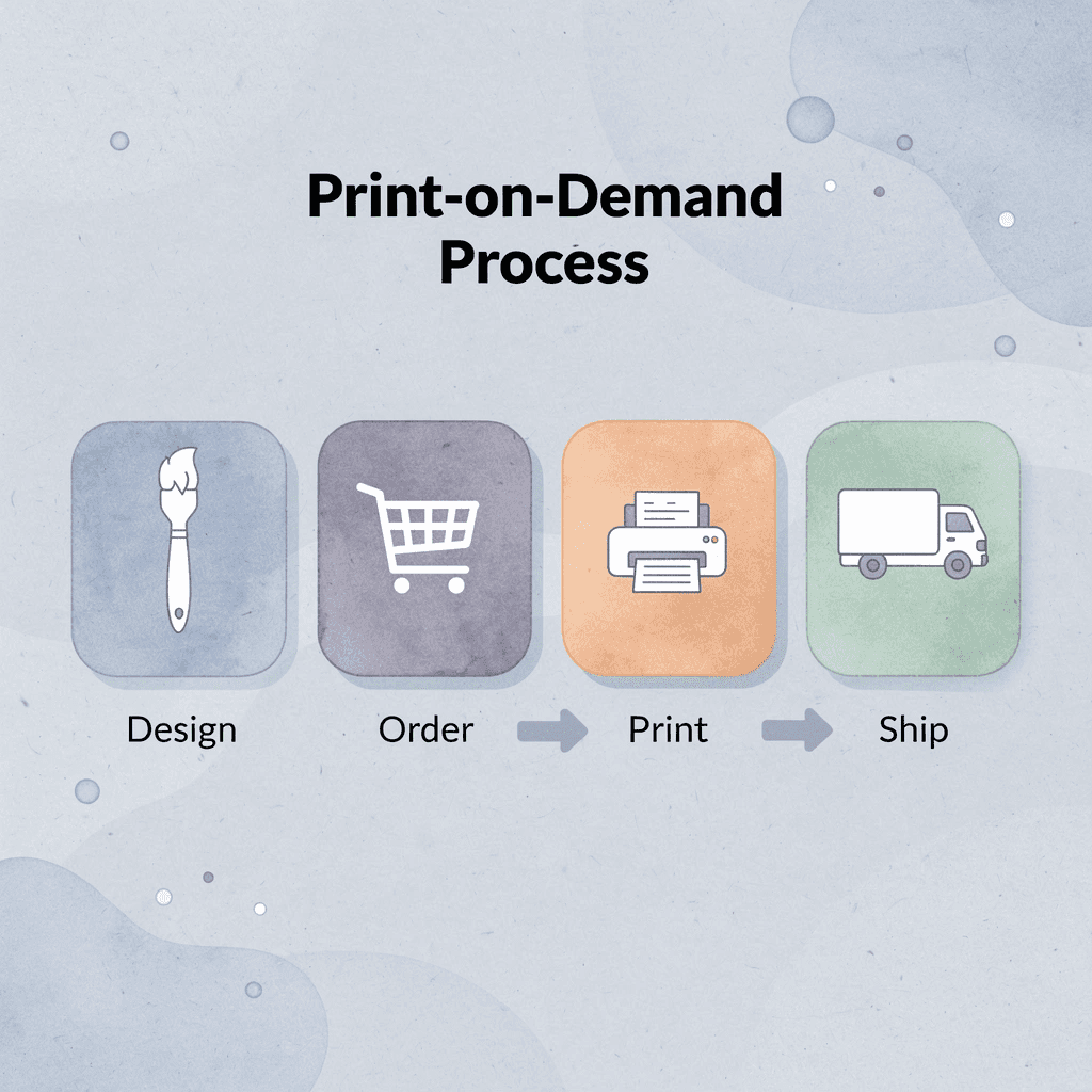 Process flow showing four steps of print-on-demand fulfillment
