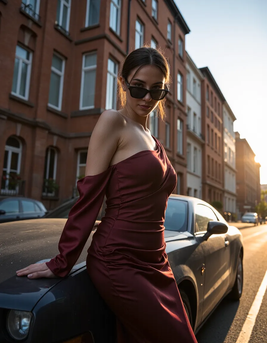 Woman in burgundy off-shoulder dress with sunglasses posing by luxury car on city street at golden hour