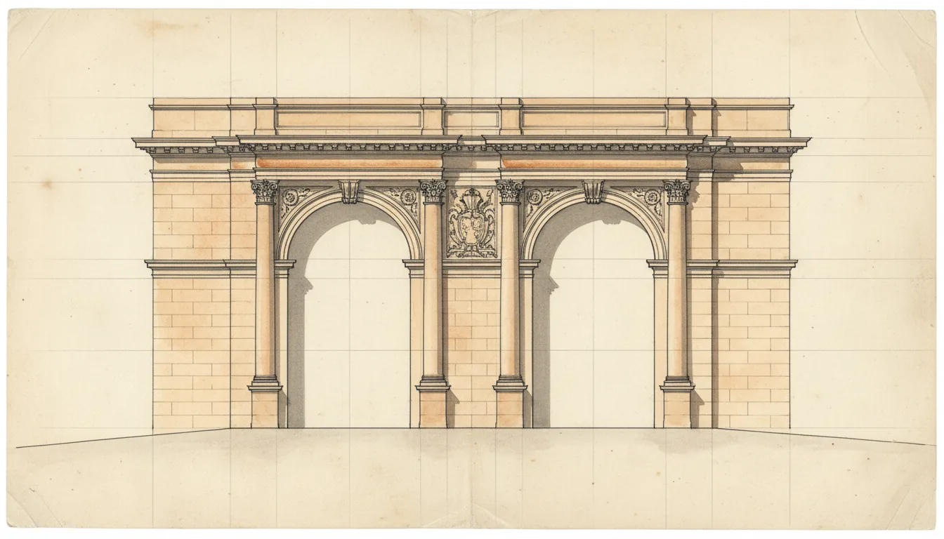 A classical architectural elevation drawing of a building facade, straight-on view. The drawing features two symmetrical, grand arched doorways with detailed cornices, rendered with precise black ink linework and a muted burnt sienna watercolor wash. The illustration is on aged, textured, cream-colored paper, with subtle charcoal and ink wash shading to create soft shadows and depth under the mouldings. Faint graphite construction lines are visible, adding to the authentic, hand-drawn aesthetic.