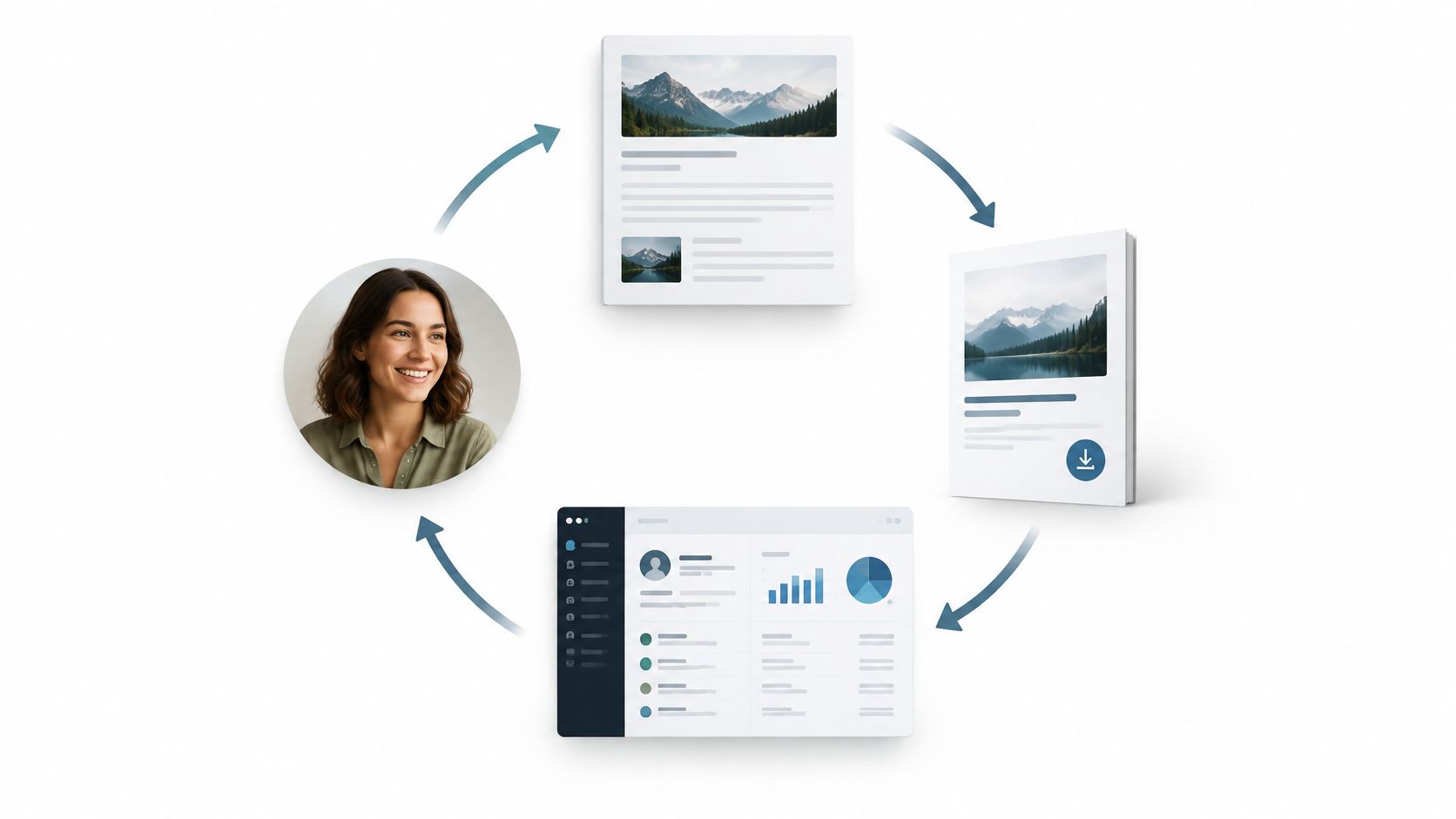 A woman connected to a document, a downloadable report, and an analytics dashboard in a cycle.