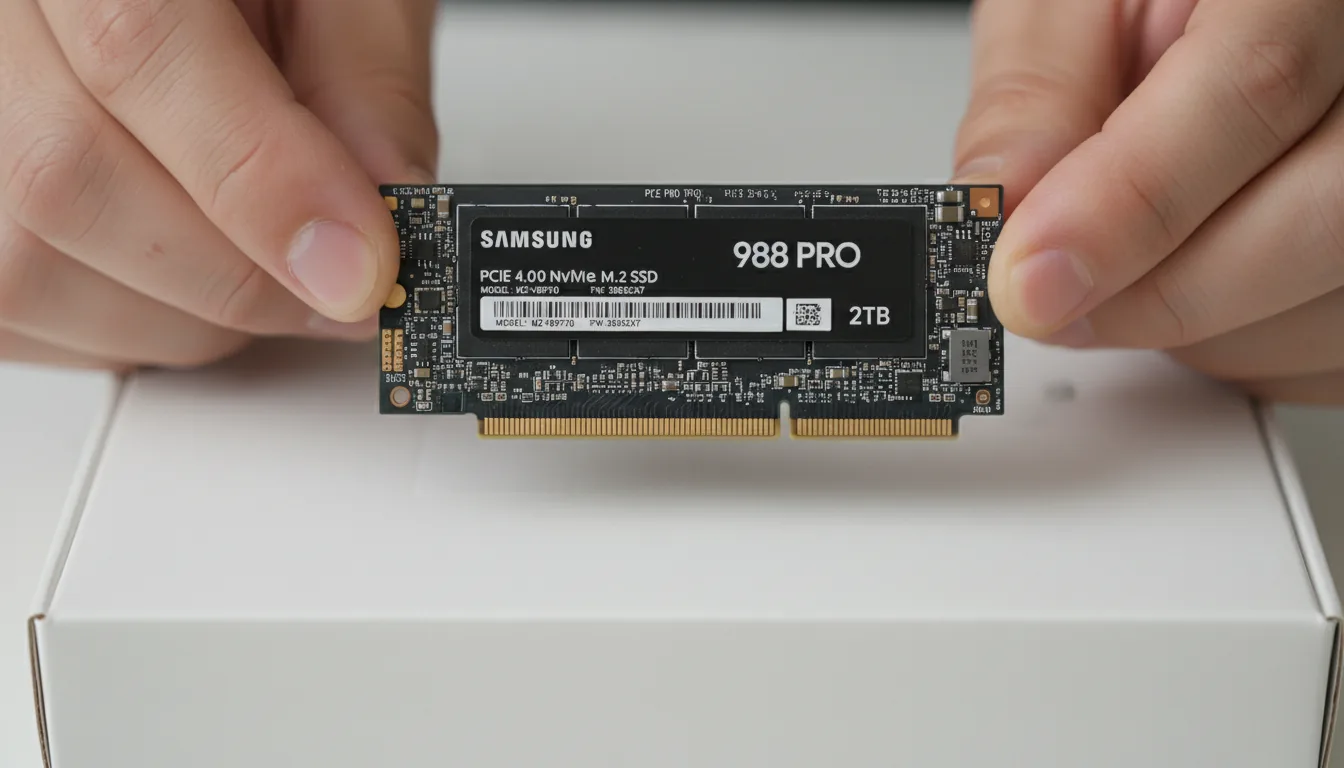 Macro DSLR photograph of a person's hands delicately holding a black Samsung 980 Pro NVMe M.2 SSD horizontally. Soft studio lighting illuminates the scene, highlighting the textures of the circuit board and the gold-plated connectors. The focus is tack-sharp on the SSD's central sticker, which features branding and placeholder technical specifications. The background is a clean, white, out-of-focus product box, creating a shallow depth of field.