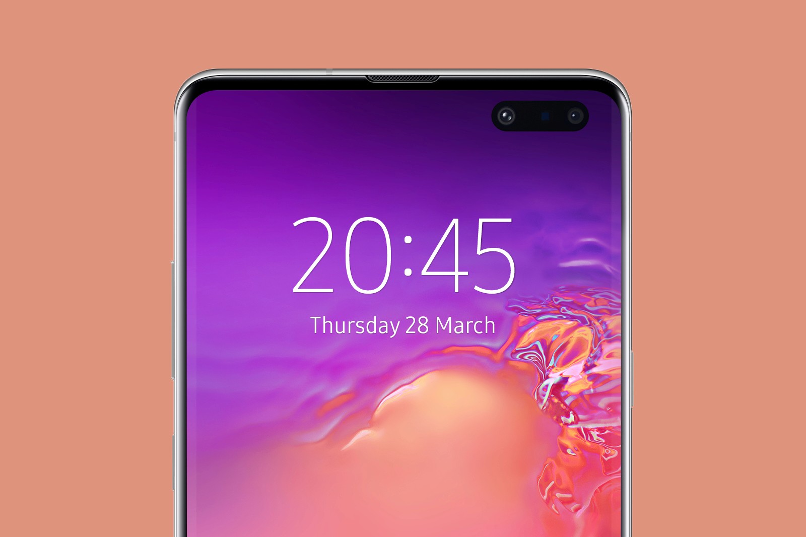 A Samsung smartphone screen displays the time as 20:45 with a colorful abstract wallpaper background.