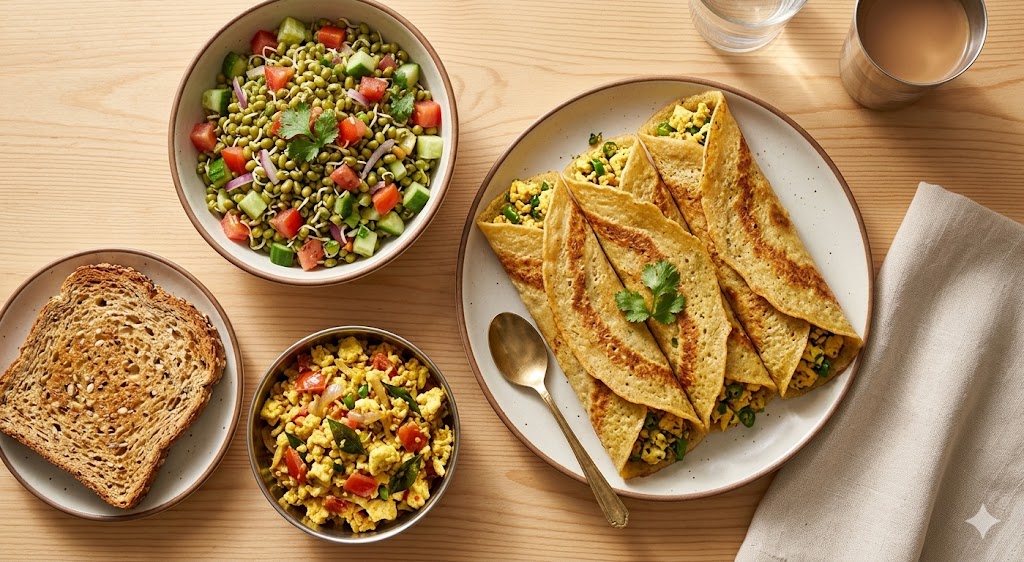 An overhead shot of a healthy high-protein Indian breakfast spread on a wooden table. It includes stuffed moong dal cheela (lentil crepes) filled with paneer bhurji, a sprouted green moong dal salad with cucumbers and tomatoes, a bowl of paneer scramble, a slice of multigrain toast, and a glass of hot masala chai.
