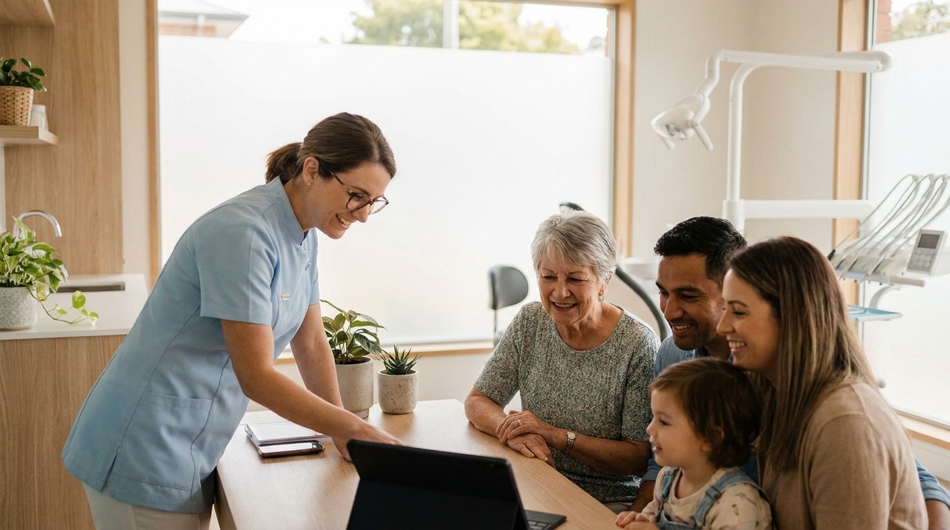 A Smyrna family dentist speaking with parents and a child in a bright modern consultation room.