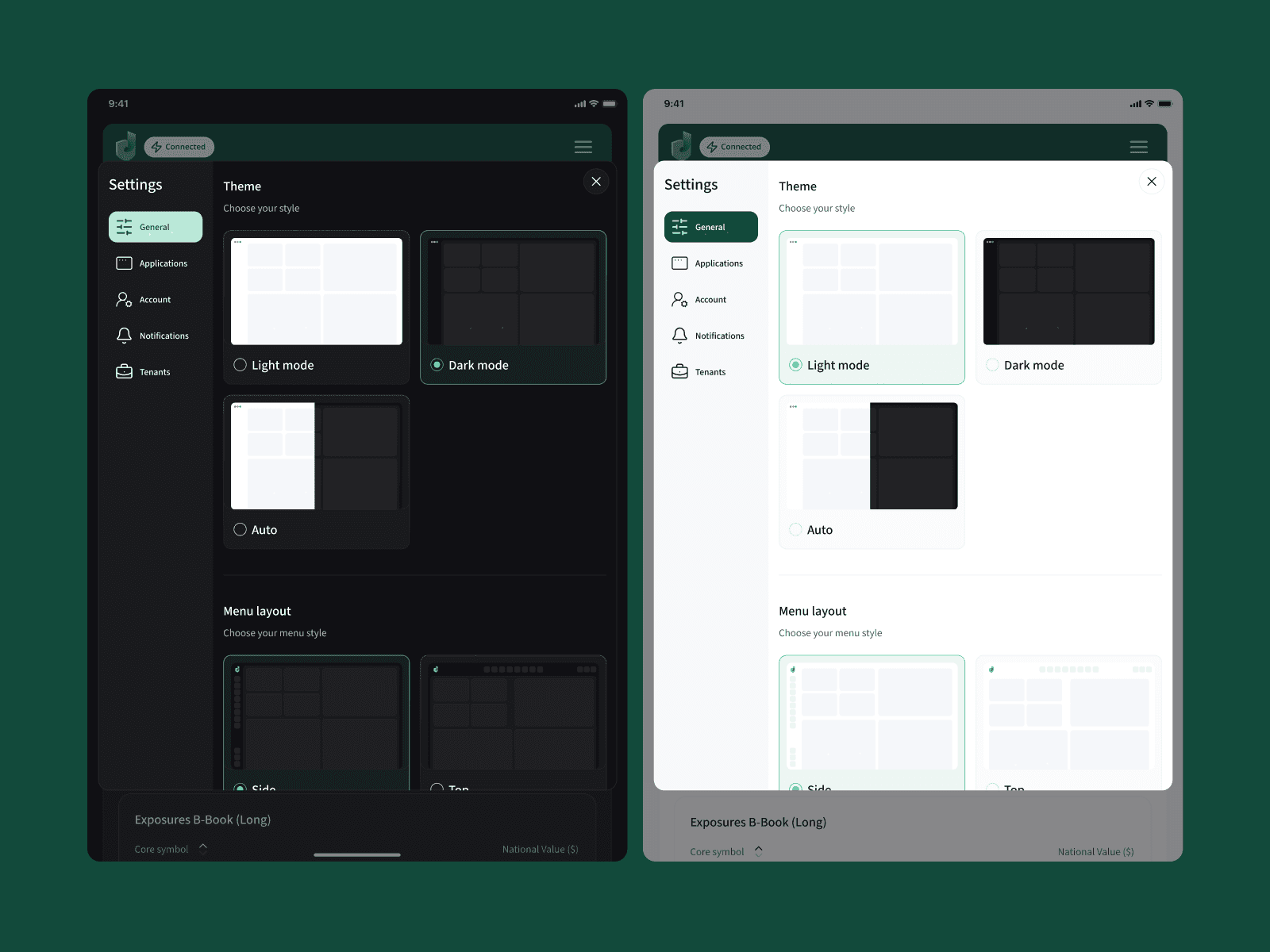 Dealio responsive settings interface demonstrating light, dark, and automatic theme variants