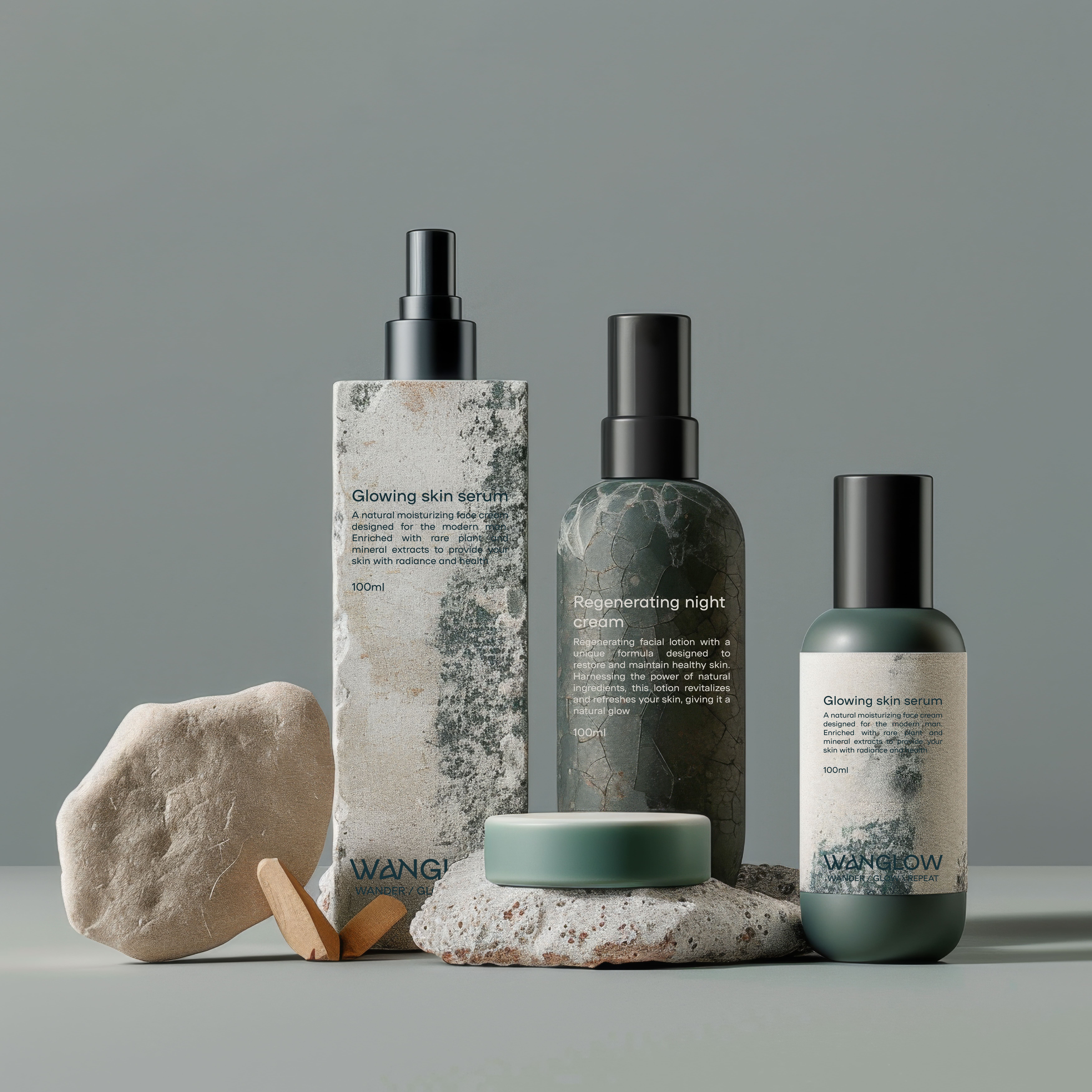 A minimalist display of four skincare products arranged on a soft gray background. The items include a tall, textured bottle labeled Glowing Skin Serum, a round pot with a green lid, a shorter dark bottle labeled Regenerating Night Cream, and a smaller version of the serum bottle. Natural elements like stones and wood add an organic touch, highlighting the clean, modern aesthetic. The packaging features muted, earthy tones and minimalist typography.