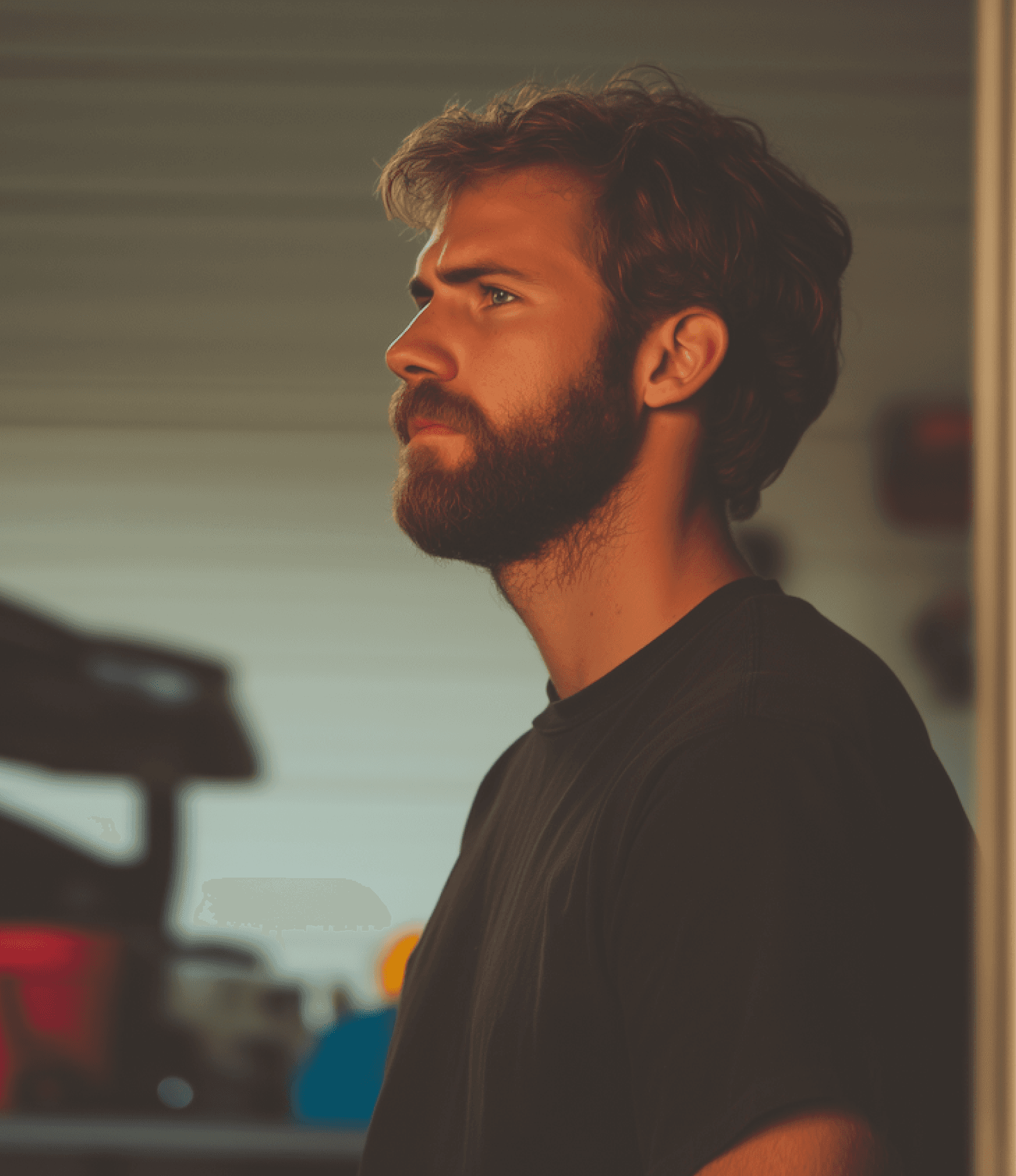 A bearded man with a pensive expression stands in a dimly lit garage, surrounded by blurred tools and equipment.