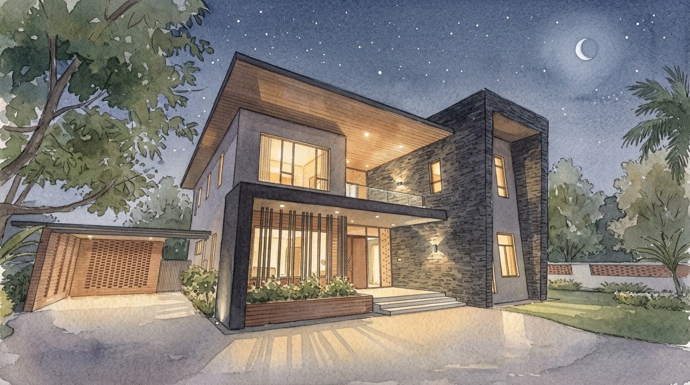 Watercolor illustration of a modern two-story house at night, with warm lights glowing through the windows, an attached garage, surrounding vegetation, and a starry sky with a crescent moon in the upper right corner. 