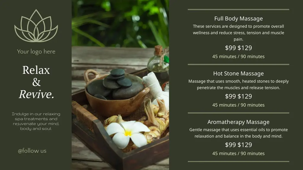 Wellness center digital signage showing massage packages, spa services, and calming nature visuals.