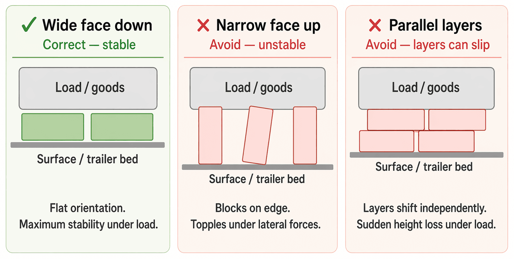 Dunnage placement best practices showing correct wide-face orientation and incorrect narrow or layered positioning for load stability