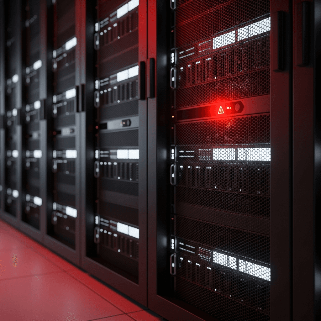 Close-up of a server rack with one unit showing a red warning light, symbolizing a critical vulnerability.
