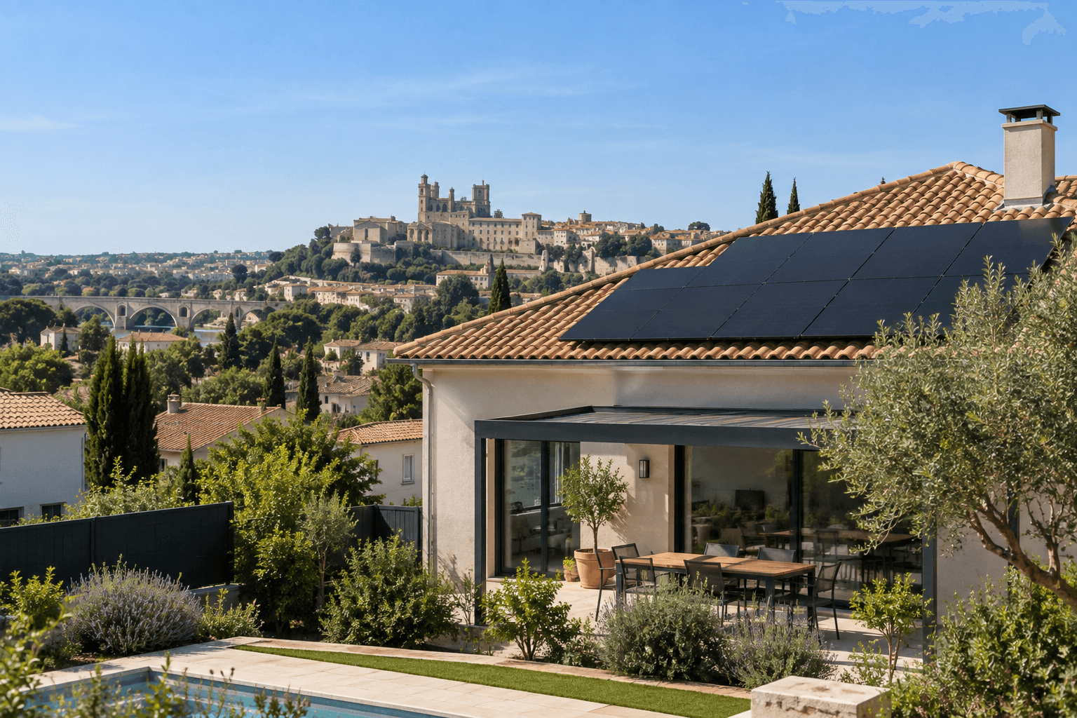 Maison équipée de panneaux photovoltaïques dans l'agglomération de Béziers.