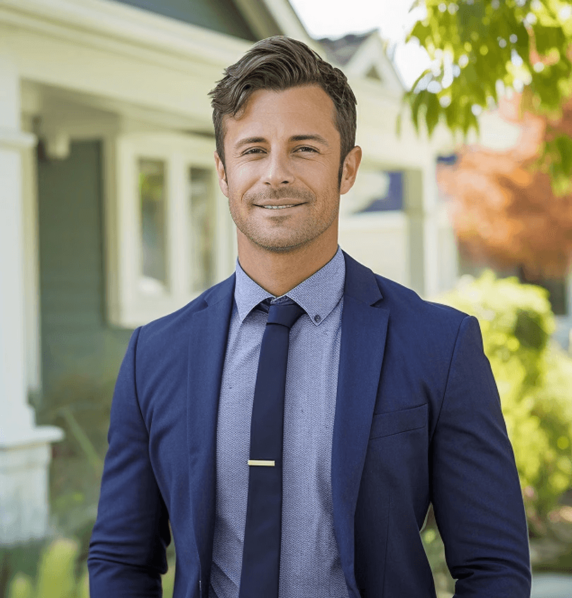 Smiling man in a blue suit and tie stands confidently outdoors. Background shows a house and greenery, creating a friendly, professional tone.