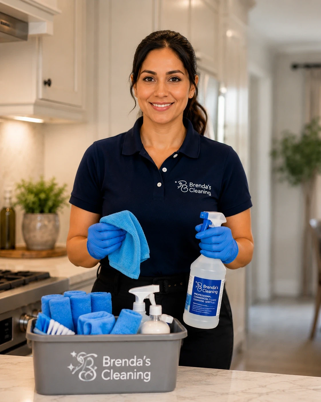 A smiling professional house cleaning specialist with Brenda's Cleaning service standing in a bright, modern kitchen ready to provide residential maid services. She wears a company-branded navy blue uniform polo shirt, black pants, and blue protective gloves while holding a blue microfiber cleaning cloth and a branded spray bottle filled with surface disinfectant. In the foreground, a gray cleaning supply caddy features the Brenda's Cleaning logo and is neatly organized with rolled blue microfiber towels, spray bottles, and a scrub brush. The background showcases high-end residential kitchen amenities, including white cabinetry, marble countertops, a stainless steel gas range stove, and a potted plant, highlighting premium home cleaning, kitchen sanitizing, and local housekeeping services.