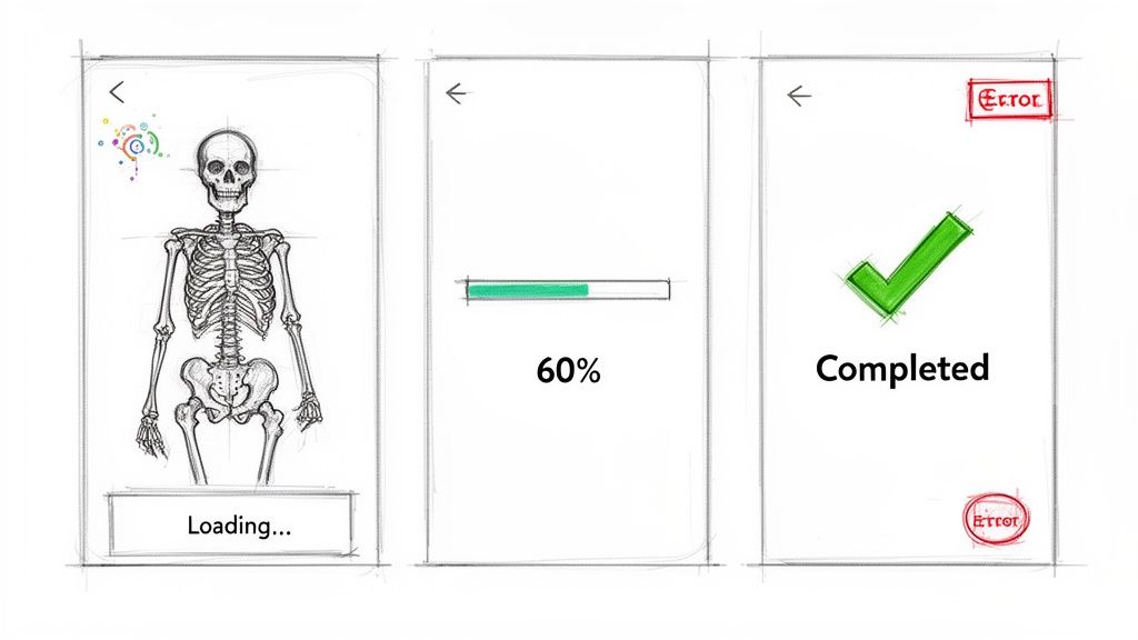 Three hand-drawn mobile app screens illustrating a loading process for a skeleton model.