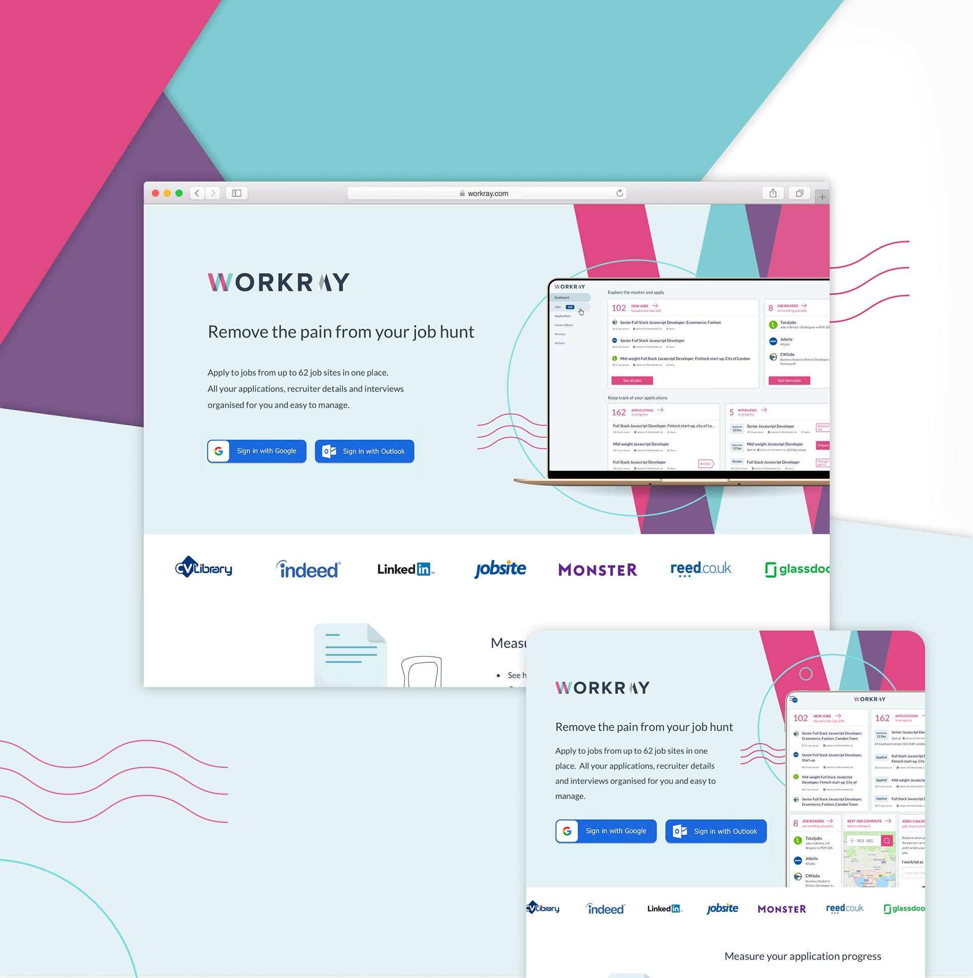The new landing page in very bright blue, pink, purple, teal colours