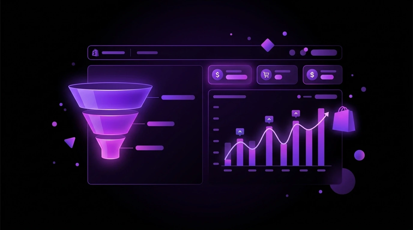 Sleek minimal vector hero illustration of a Shopify analytics dashboard on a deep black background with electric violet and magenta gradients, glowing KPI cards, charts, and a conversion funnel in a futuristic digital style.