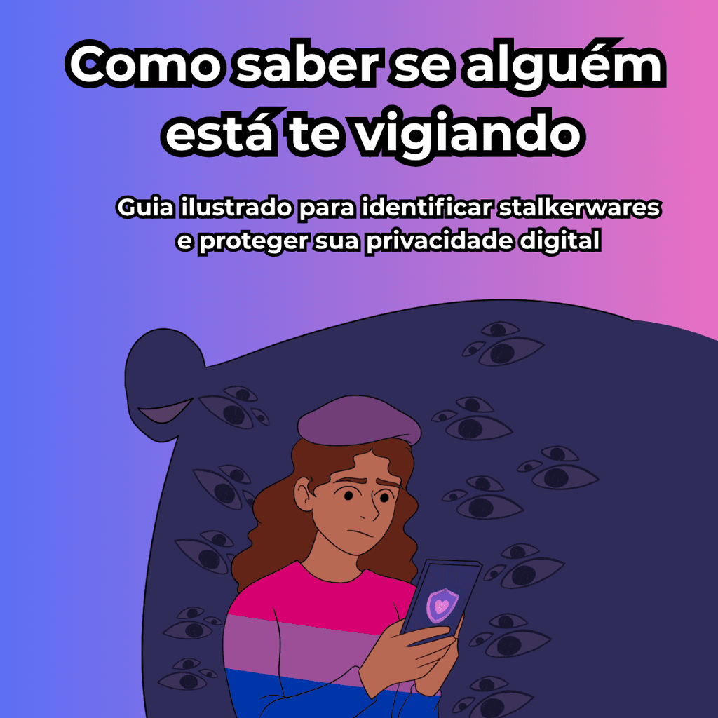 Ilustração de um guia aberto com o título 'Como proteger seu dispositivo de malware'. À direita, um celular com um escudo na tela. Abaixo, quatro caixas com ícones e dicas: um cadeado com 'Use senha', um cadeado quadrado com 'Verifique ameaças', uma lupa sobre um vírus com 'Verifique ameaças' e um escudo com 'Instale atualizações'.