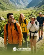 Group of friends hiking in nature, JustWravel travel community.