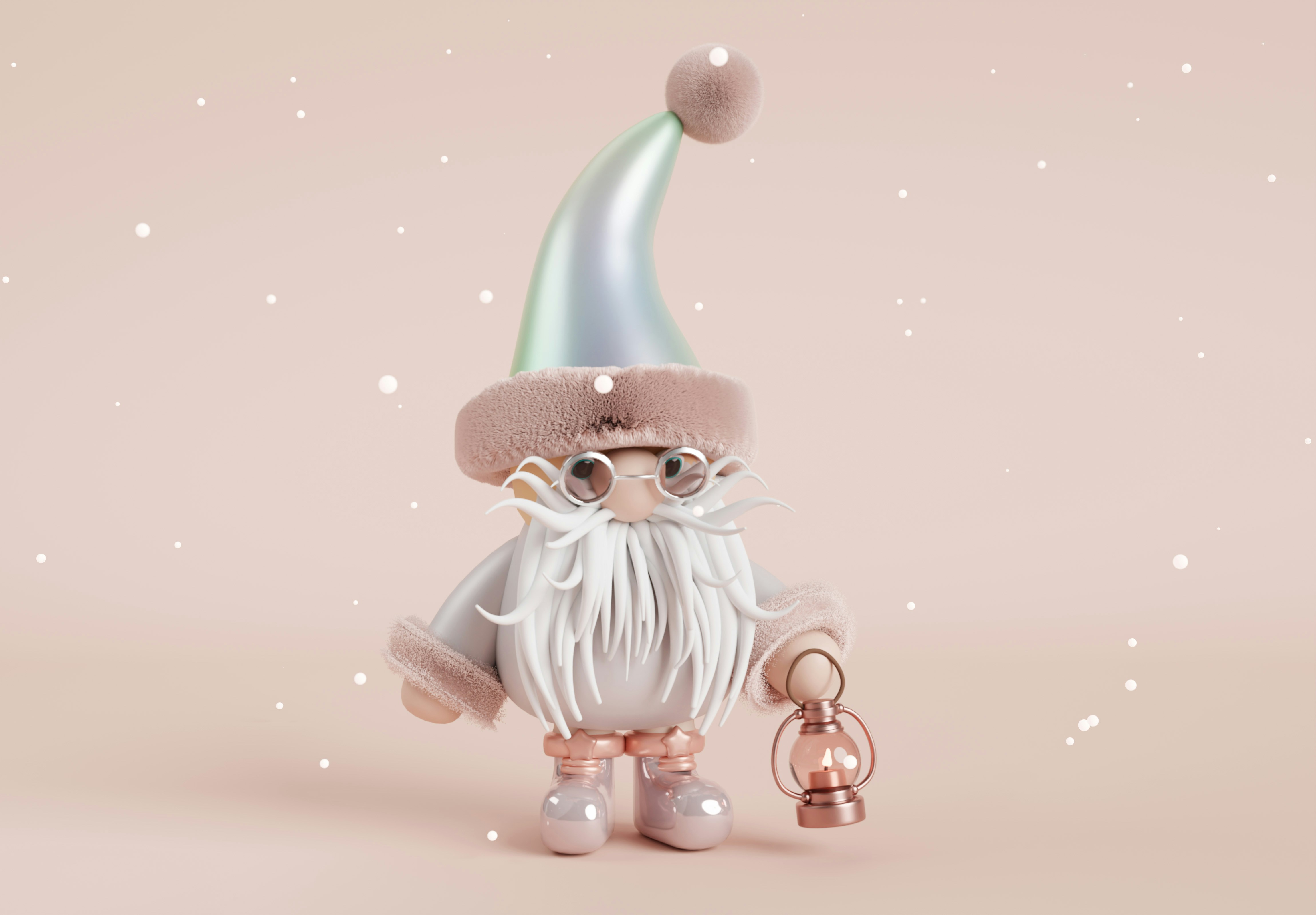 3D Santa Claus character holding a lantern in a snowy minimal scene
