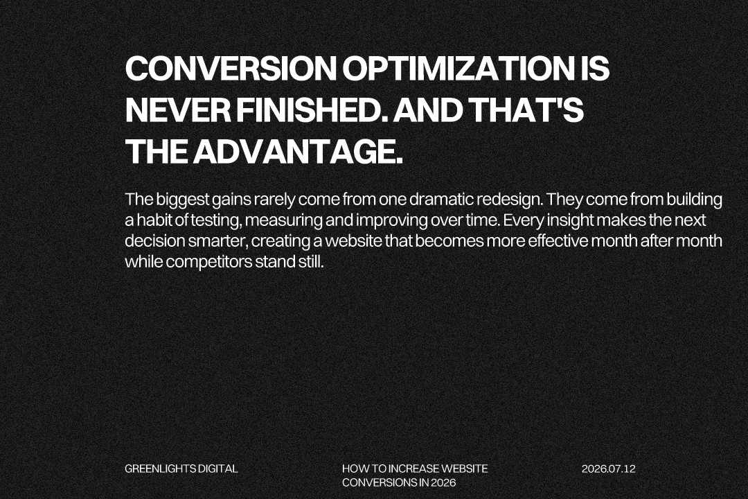 Text graphic showing that continuous CRO testing and optimization help increase website conversions through ongoing data-driven improvements.