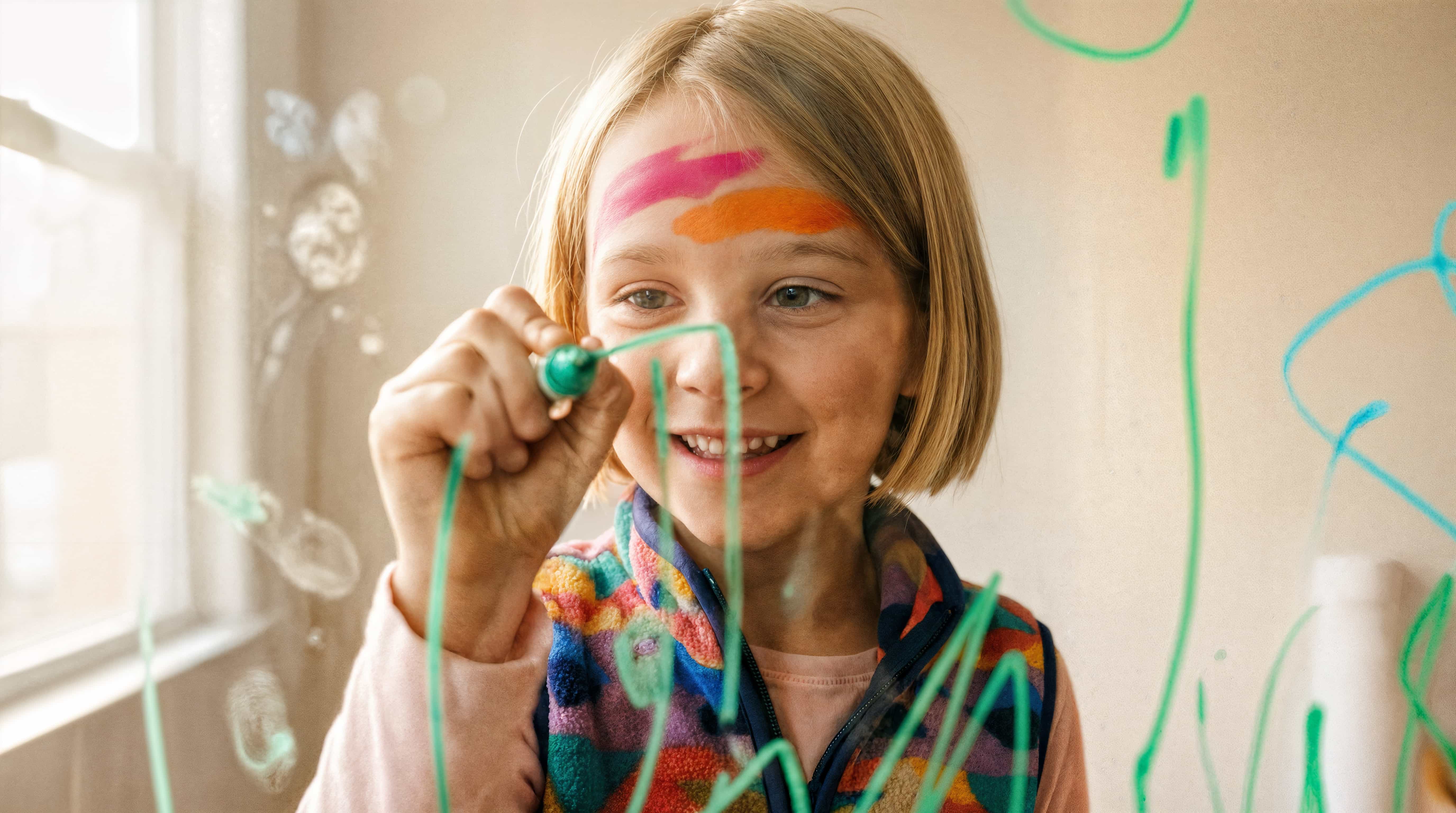 Child drawing with colorful markers on glass indoors.