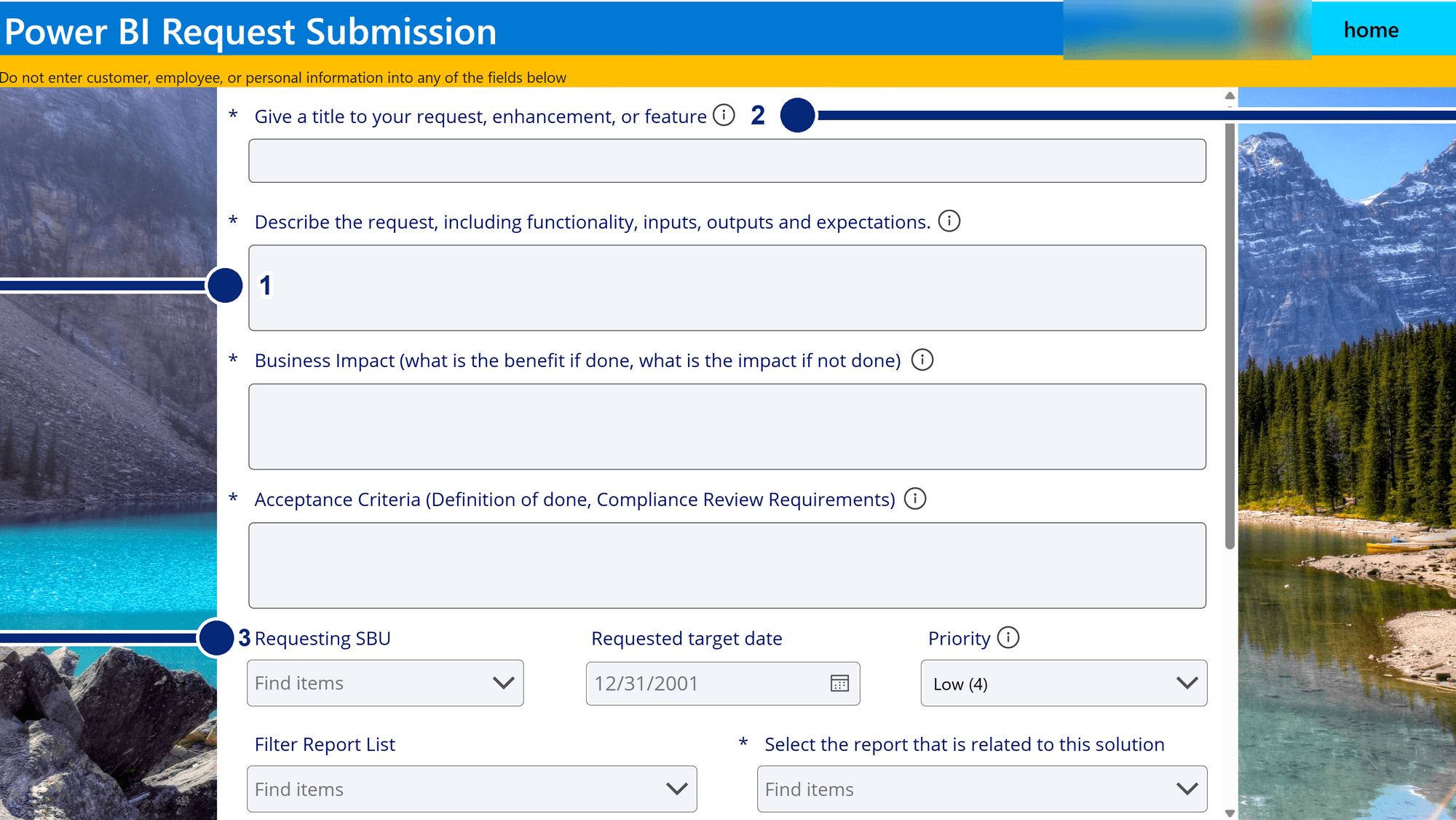 Old Power BI Request Submission form with three numbered problem callouts