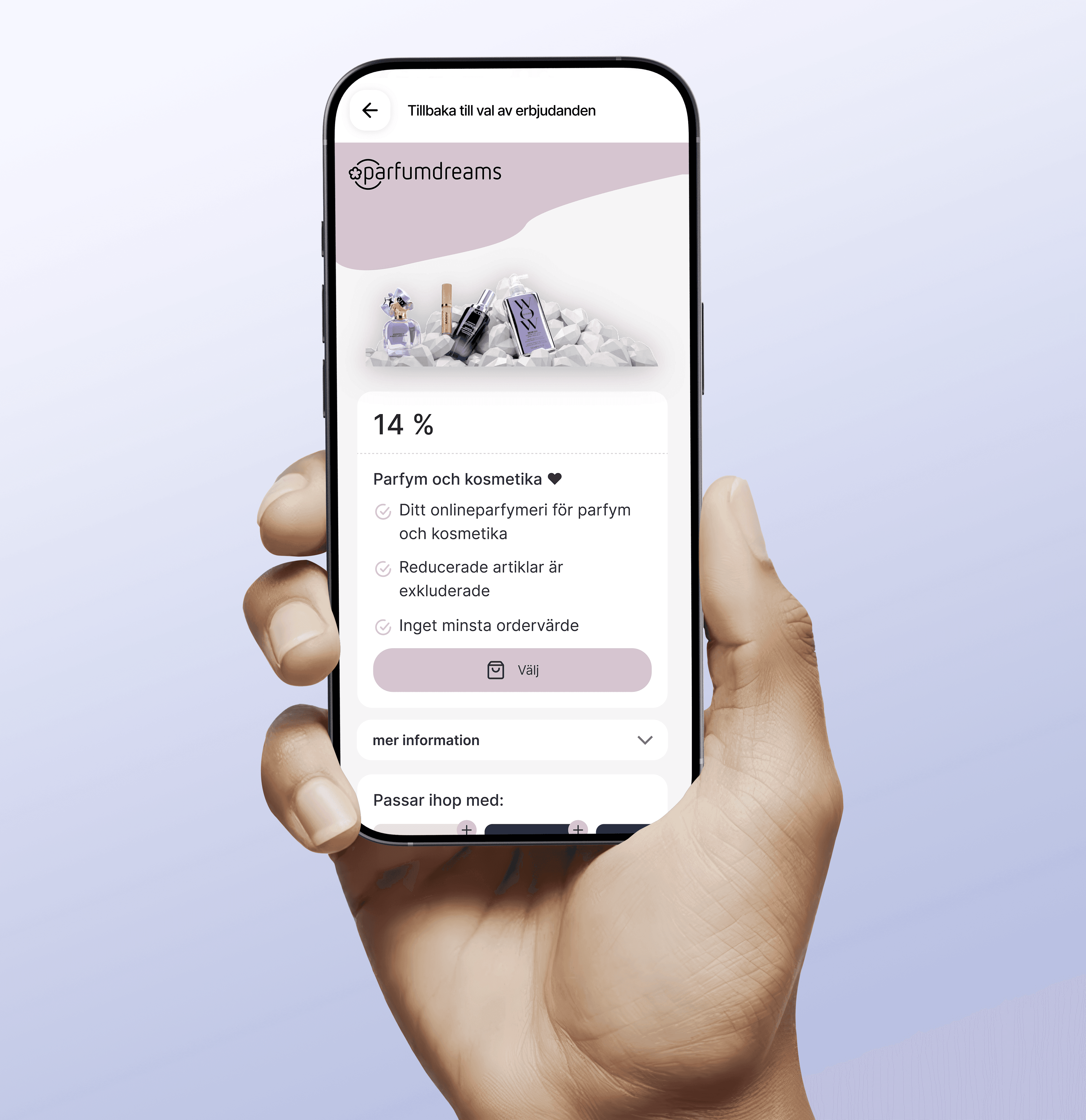 Smartphone som visar Sovendus produktskärm