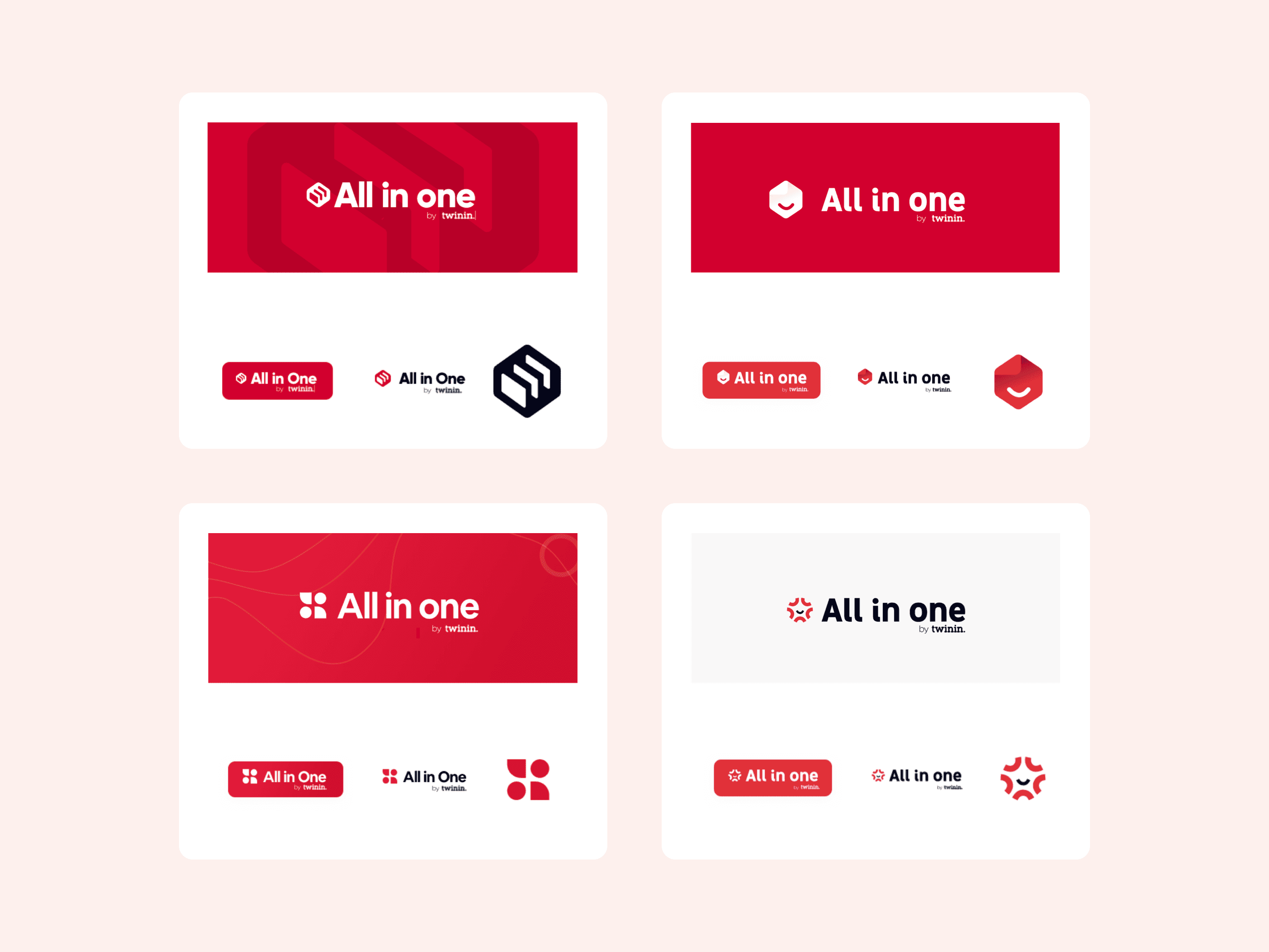 Quatre propositions de logos pour All in One by Twinin, affichant différentes versions de typographies et d’icônes sur fond blanc.