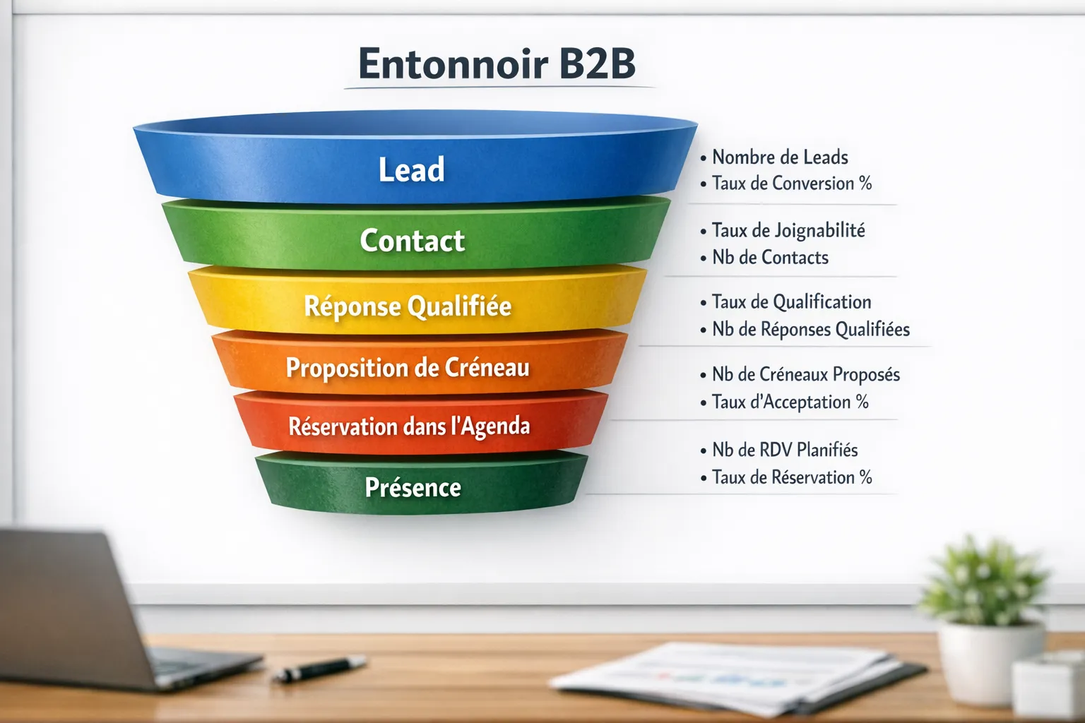 Schéma d’un entonnoir B2B représentant les étapes: Lead -> Contact -> Réponse qualifiée -> Proposition de créneau -> Réservation dans l’agenda -> Présence, avec les principaux KPI à côté de chaque étape.