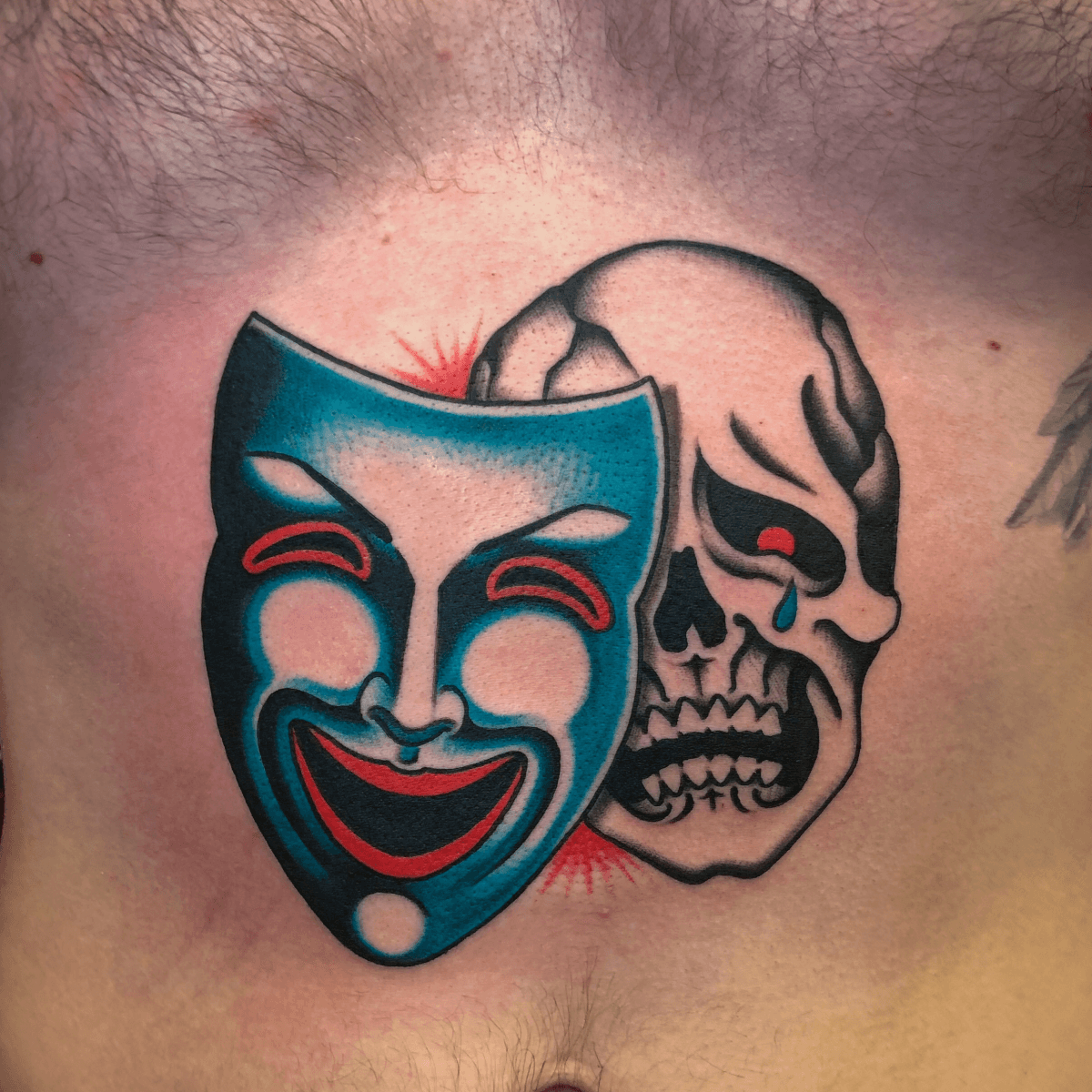 color tattoo of a skull with a mask