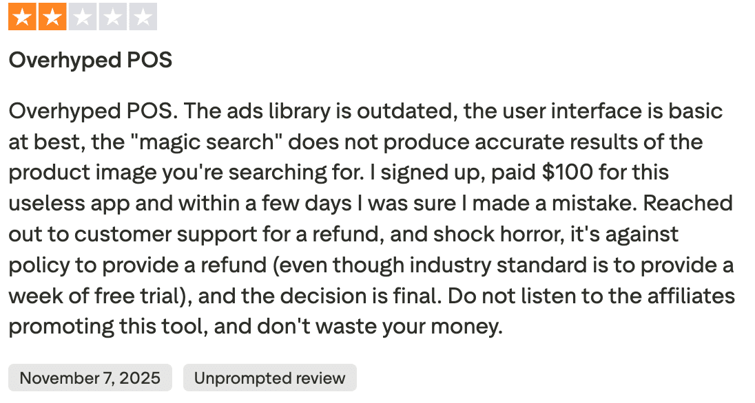 Minea review about outdated ad library and refund issues