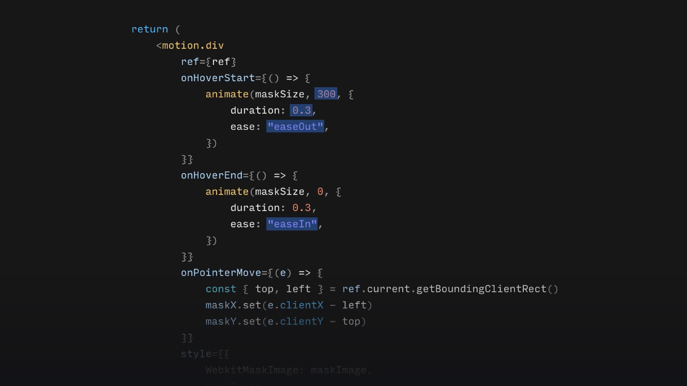 Code snippet demonstrating hover and pointer animations using Framer Motion in React