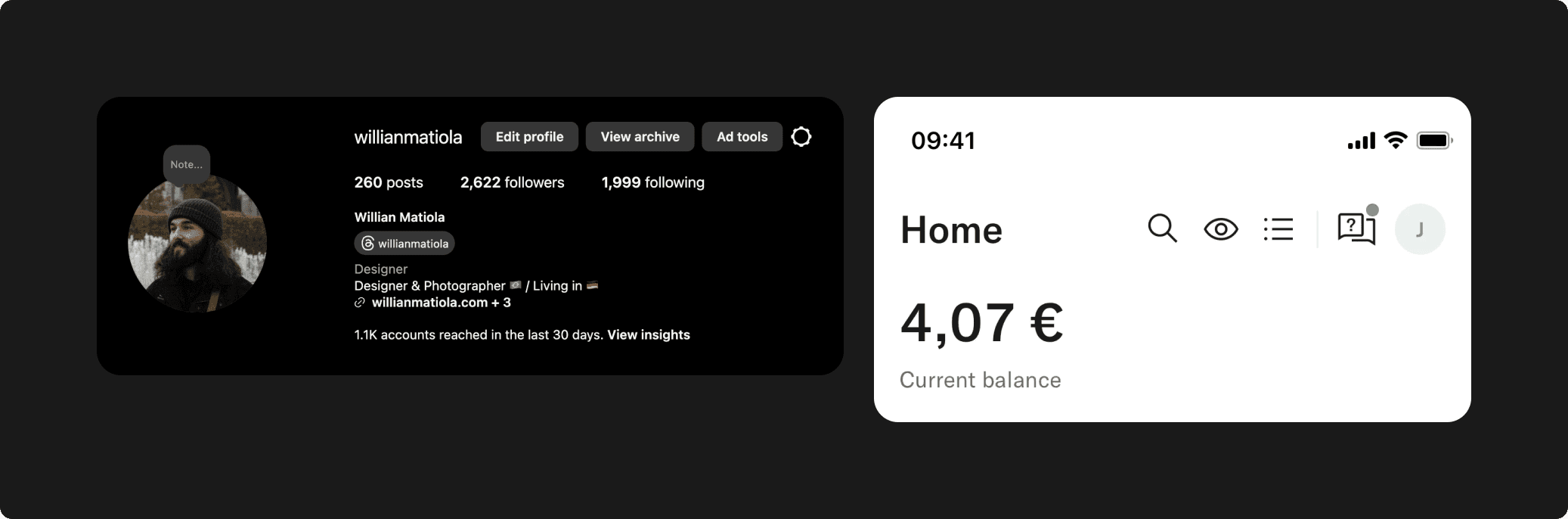 Um recorte da página de perfil do Instragram desktop. A segunda imagem é parte superior de um app de finanças com imagem de avatar com as iniciais do usuário.