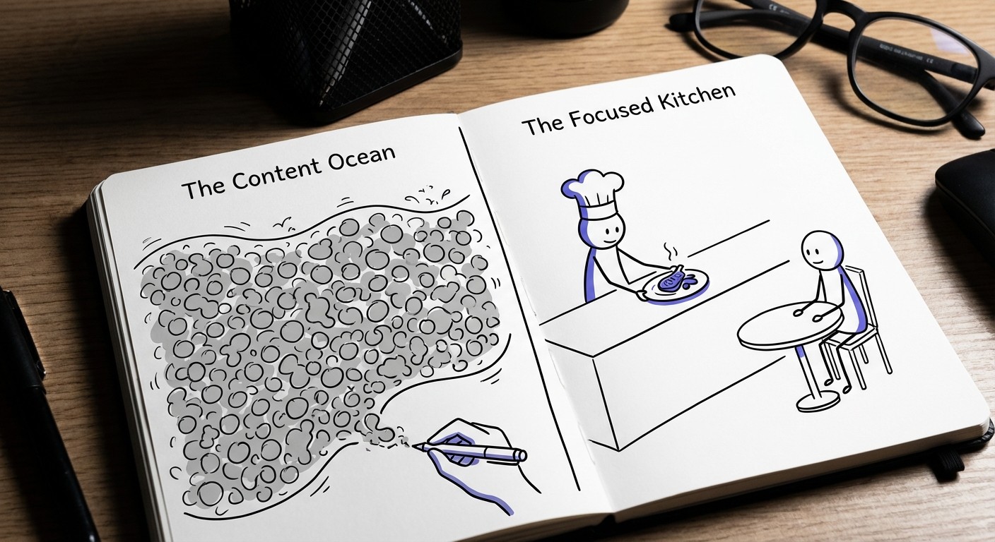 A split-screen diagram showing a chaotic, grey ocean of identical content blobs on the left versus a cozy, organized kitchen where a chef prepares one high-quality, vibrant piece of content for a specific person on the right.