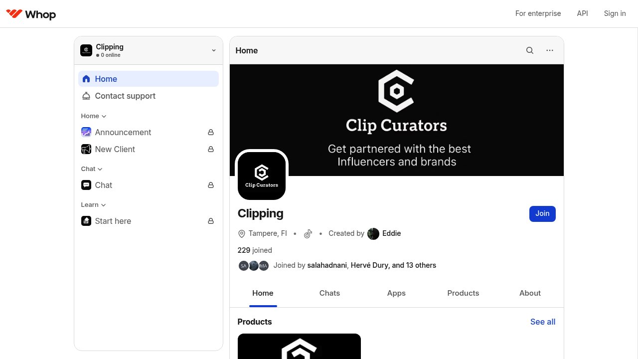 Whop clipping marketplace where brands post bounties for video clipping campaigns as paid advertising