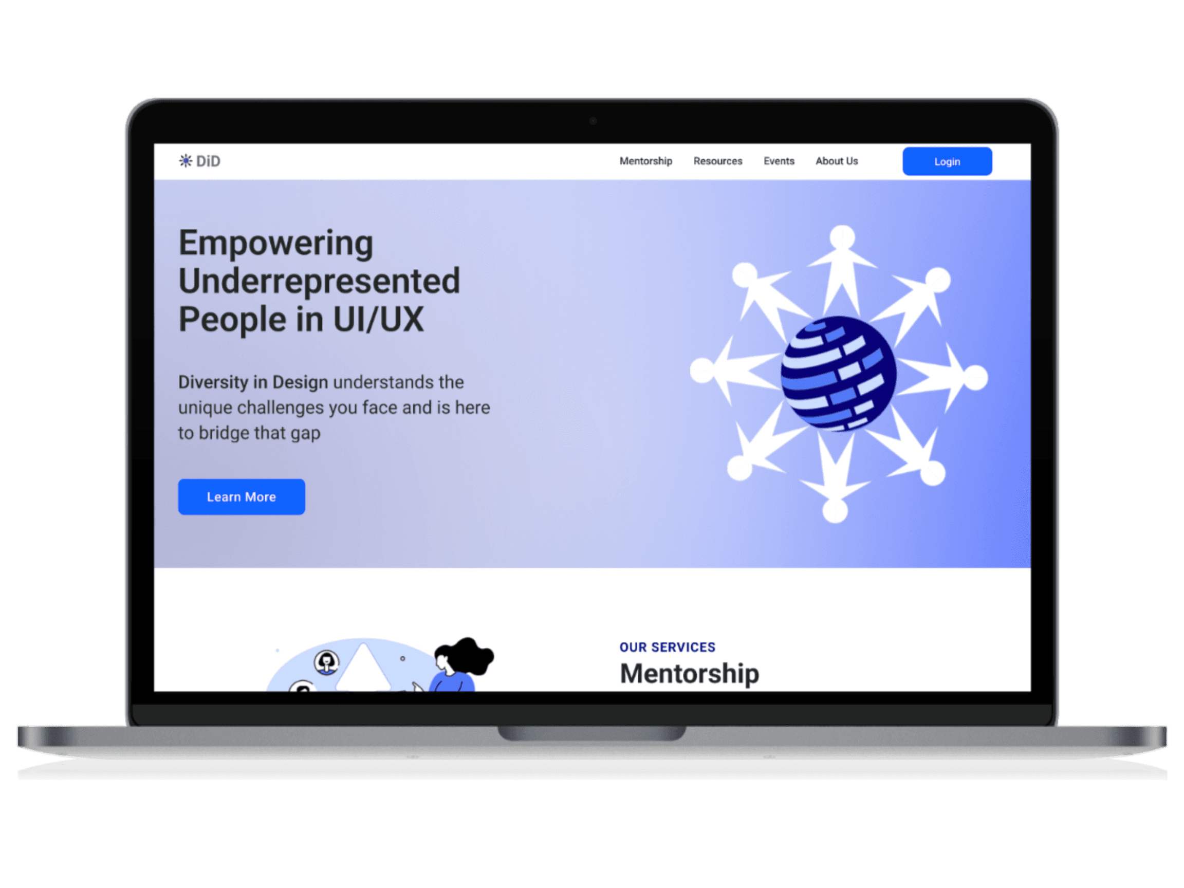 Mockup of laptop showing Diversity in Design homepage