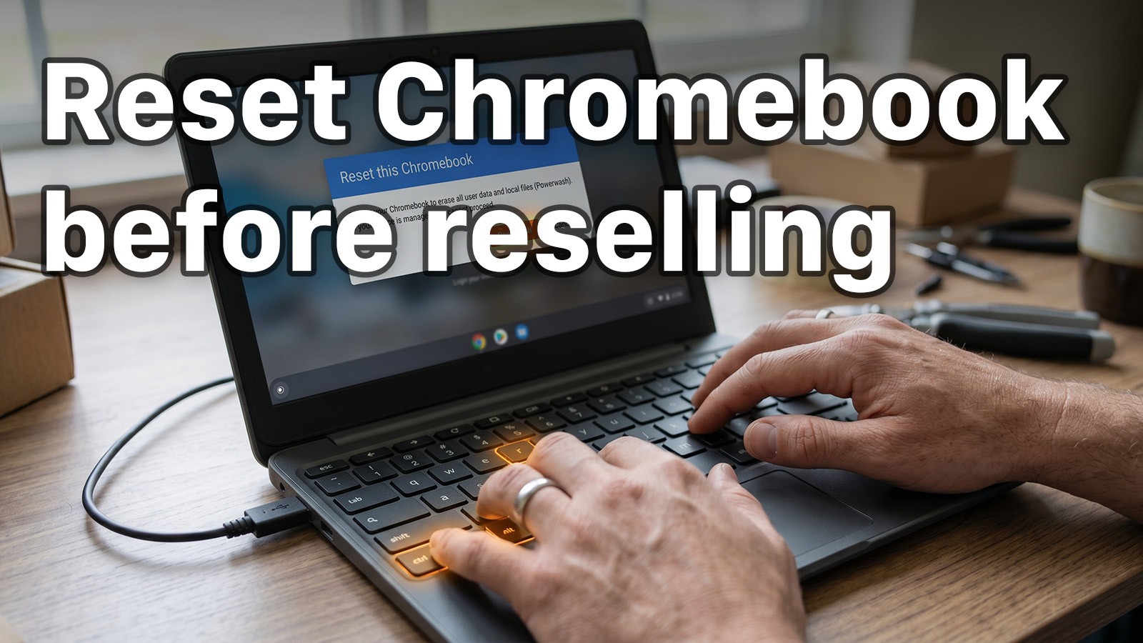 Close-up of hands pressing a glowing keyboard shortcut on a Chromebook to open the Powerwash reset menu