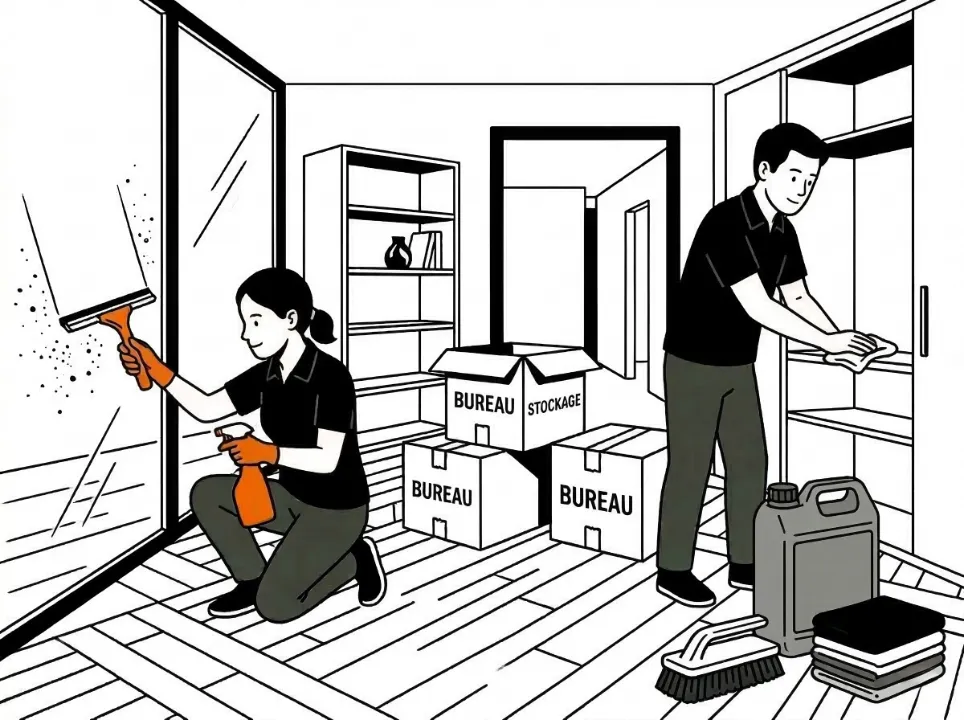 Deux agents Widy's nettoient un bureau  femme avec raclette à vitre, homme essuyant un placard et cartons de stockage.