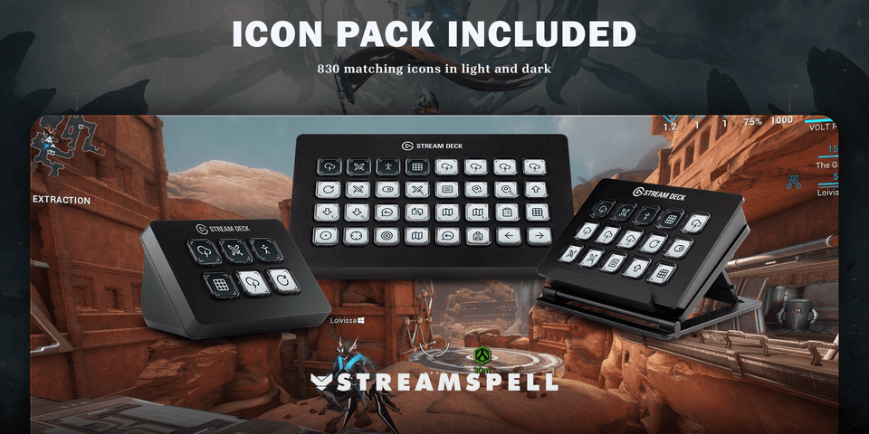 The Warframe icon pack includes 830 static PNG icons in light and dark treatments — official product preview