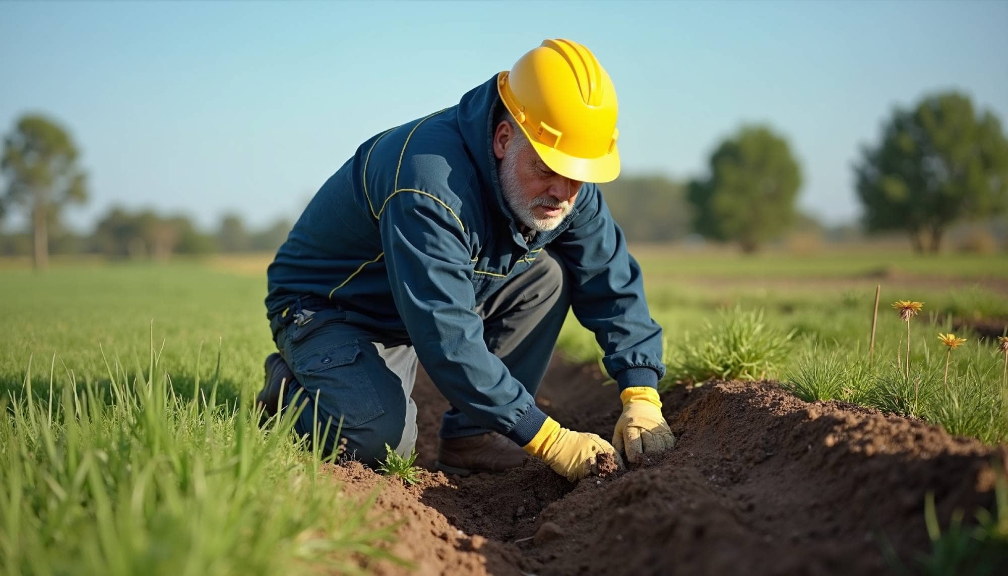 Un homme avec un casque de sécurité jaune et des gants de travail s'agenouille dans un champ pour manipuler de la terre fraîchement creusée. Il porte une veste et un pantalon de travail, indiquant un travail de terrain dans un environnement agricole ou naturel sous un ciel lumineux.