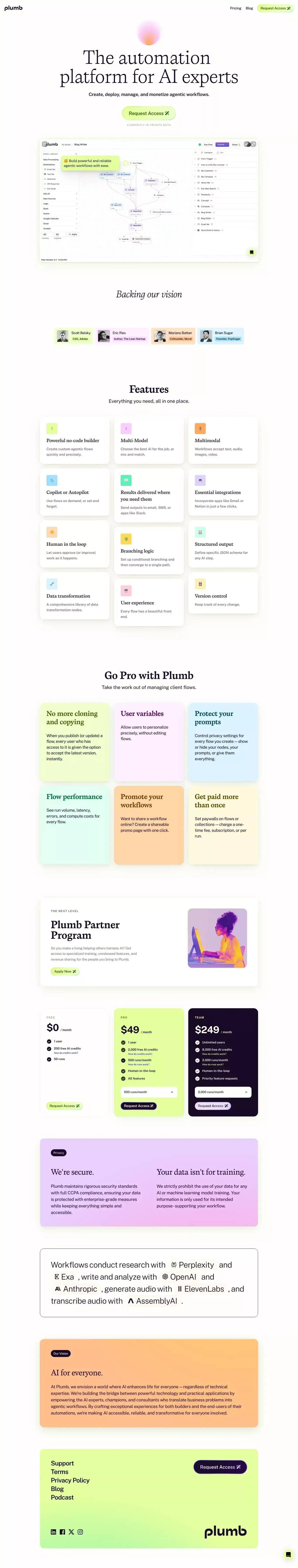 Plumb - AI Automation landing page screenshot showcasing AI and Tech design