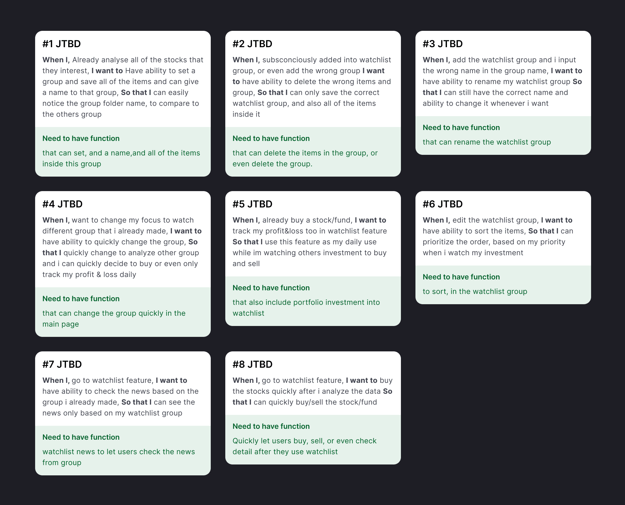 Jobs to be Done framework mapping user needs to Watchlist feature design decisions