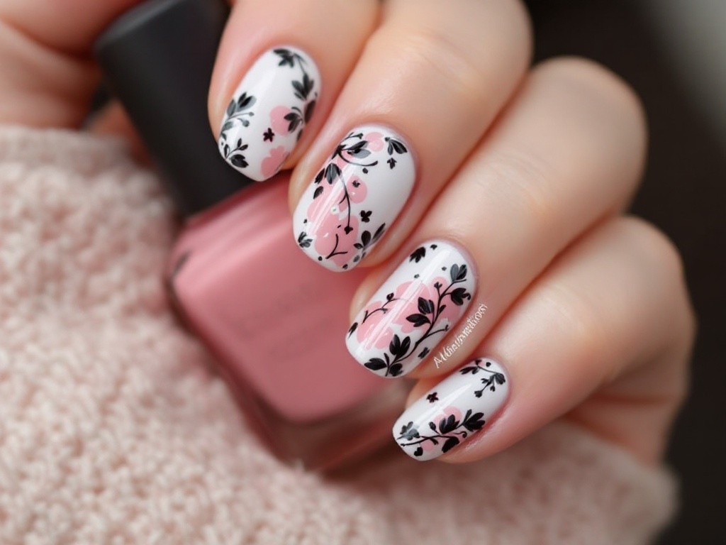 Close-up of a hand with pink and black floral nail art.