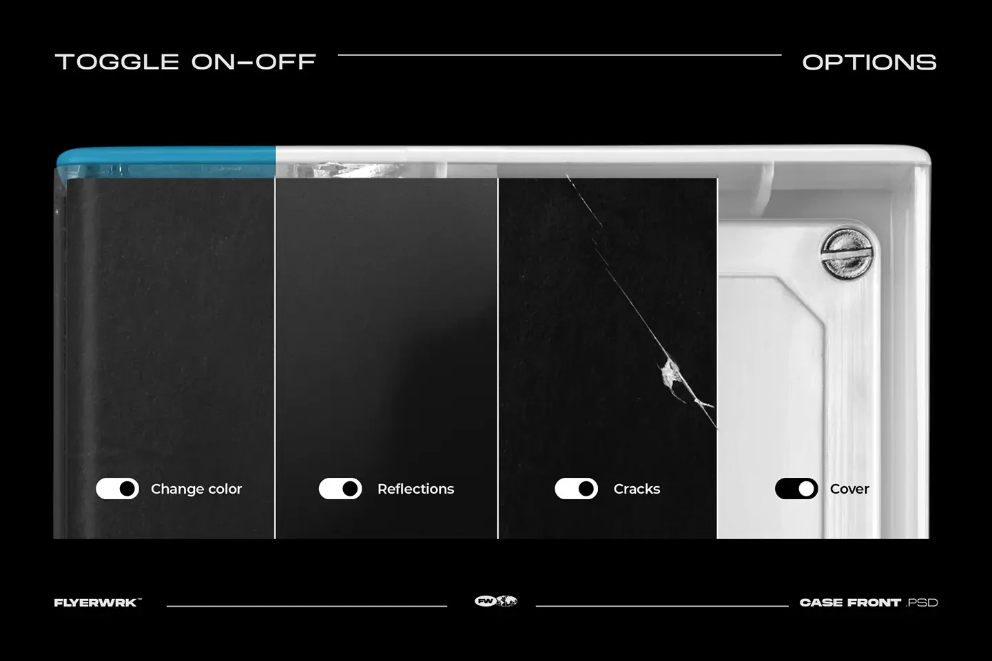 Cassette Case Mockup 02 detail showing toggle options for realistic reflections, cracks, and cover textures.