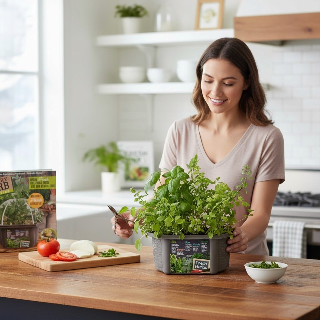 A woman in a kitchen smiles while cutting fresh herbs from a planter. A cutting board with sliced tomato and onion is nearby, creating a fresh, inviting atmosphere.