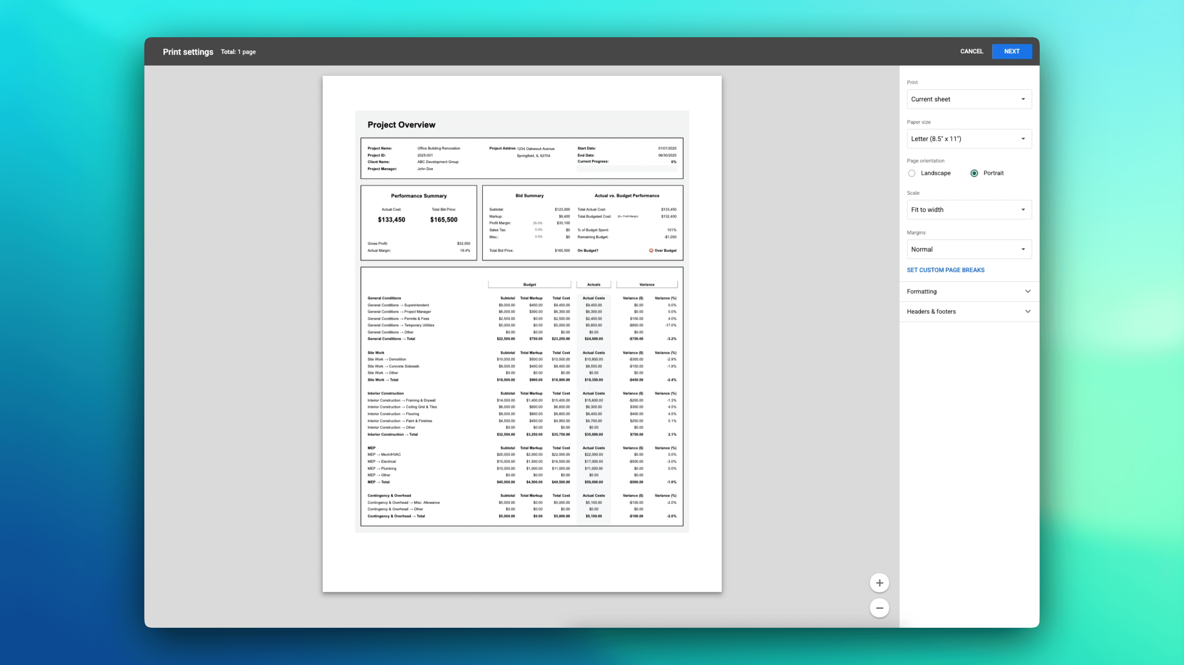 Print preview of Construction Job Costing Template – professional actual vs budget performance summary, division breakdowns, variance analysis, and total costs on Letter size paper