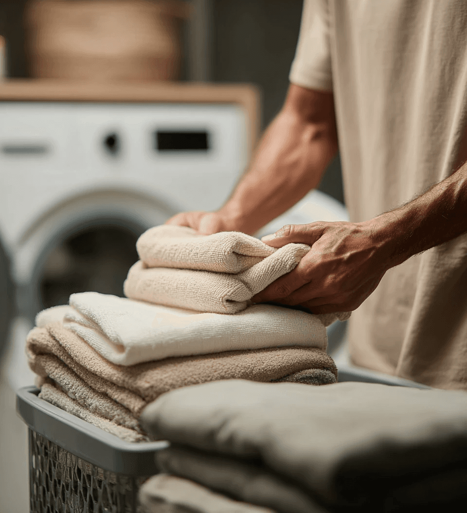 SilentAngels® Betreuer faltet frisch gewaschene Handtücher – SilentAngels® Wäscheservice und sorgfältige Textilpflege.