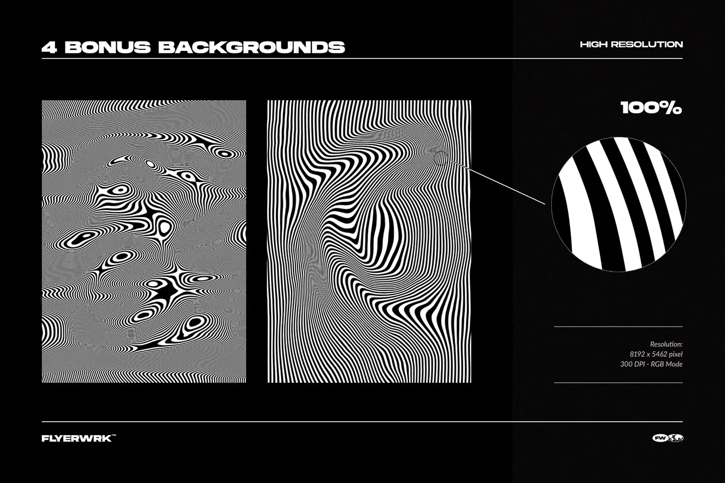 Trippy psychedelic backgrounds pack including bonus monochrome optical illusion textures with high resolution wavy lines
