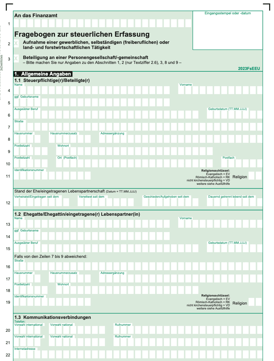 One of the example page of "Fragebogen zur steuerlichen Erfassung" form: